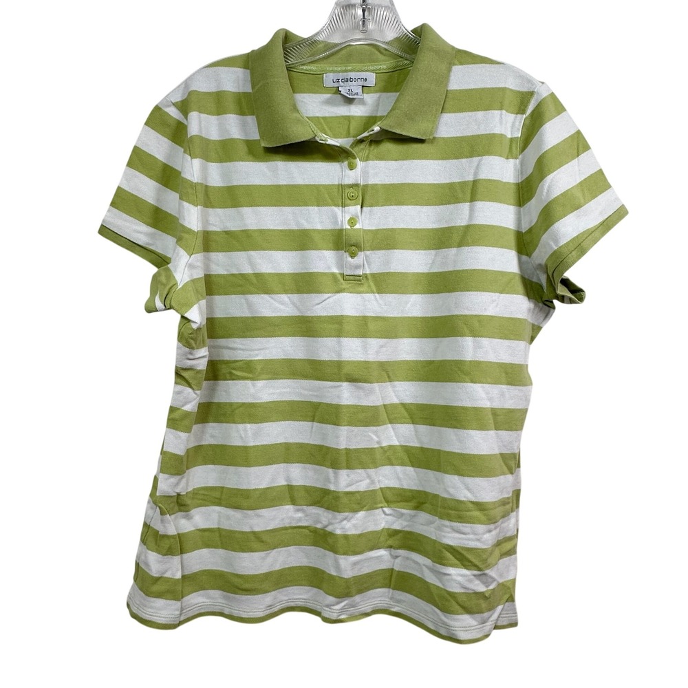 Liz Claiborne Womens XL Green White Striped Polo Shirt Cotton Stretch